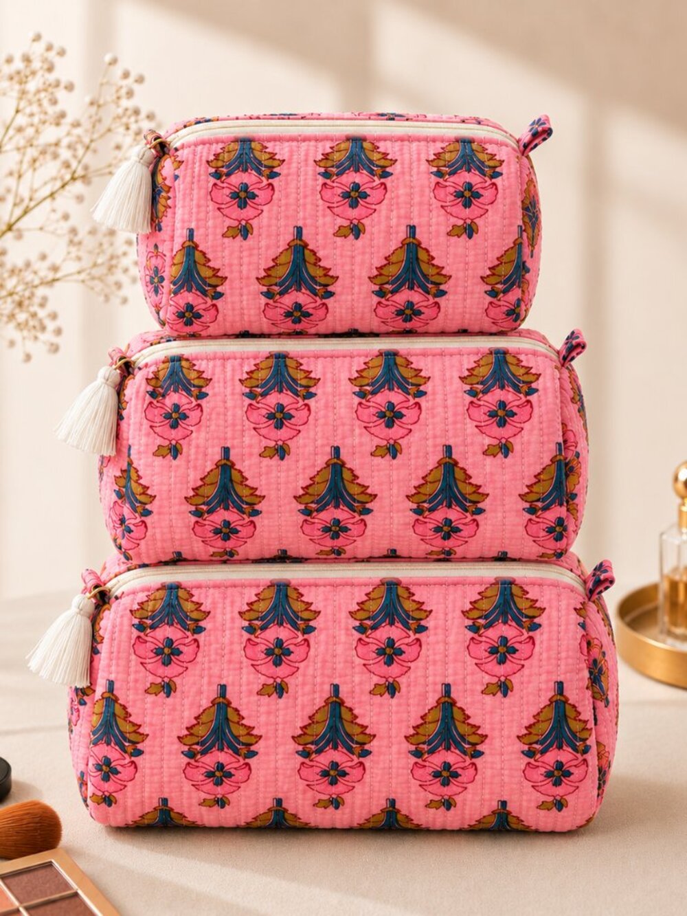 Set of 3 Soft Pink Motif Block Print Cosmetic Bag Quilted Cotton Toiletry Bag
